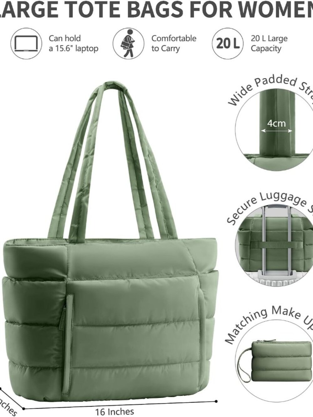 Puffer Tote Bag for Women, Lightweight Puffy Work Handbag Teacher Nurse Quilted - Picture 3 of 9
